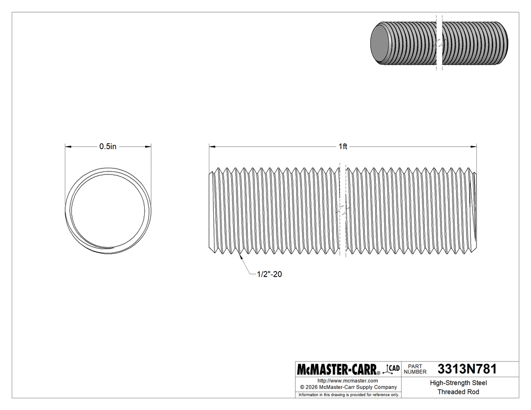 Technical Drawing of High-Strength Steel Threaded Rod, Zinc Yellow-Chromate Plated, 1/2"-20 Thread Size, 1 Foot Long.
